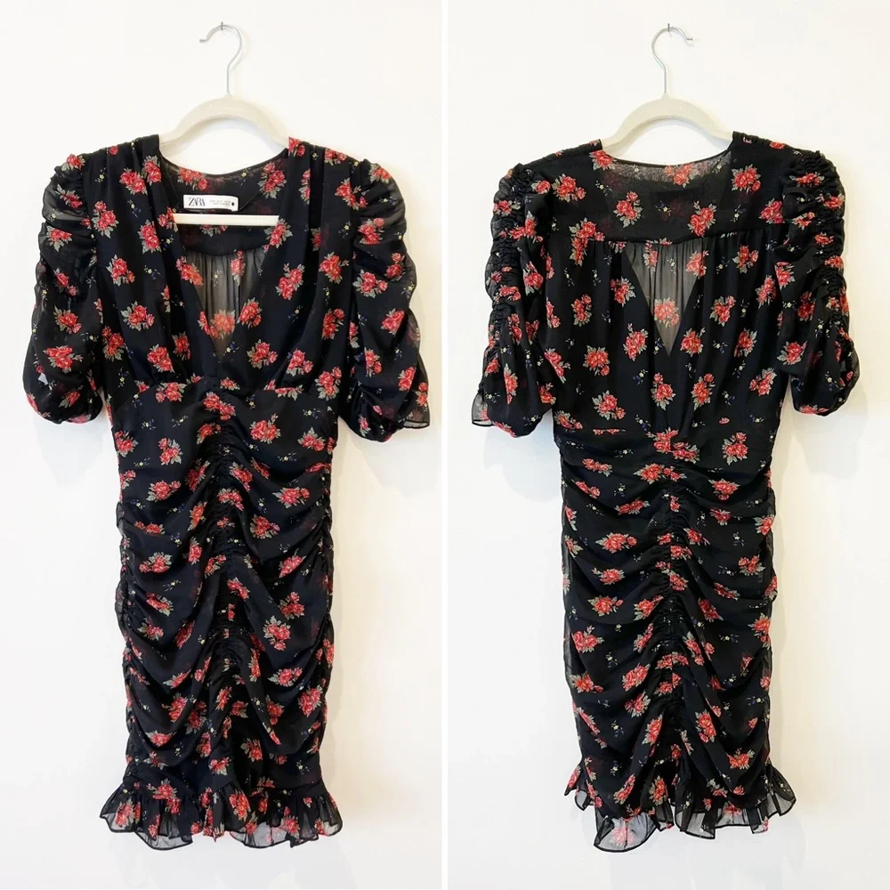 Zara Floral Ruched Mini Dress Mesh Ruffle Plunge V-Neck Puff Sleeve Black S - Picture 5 of 10
